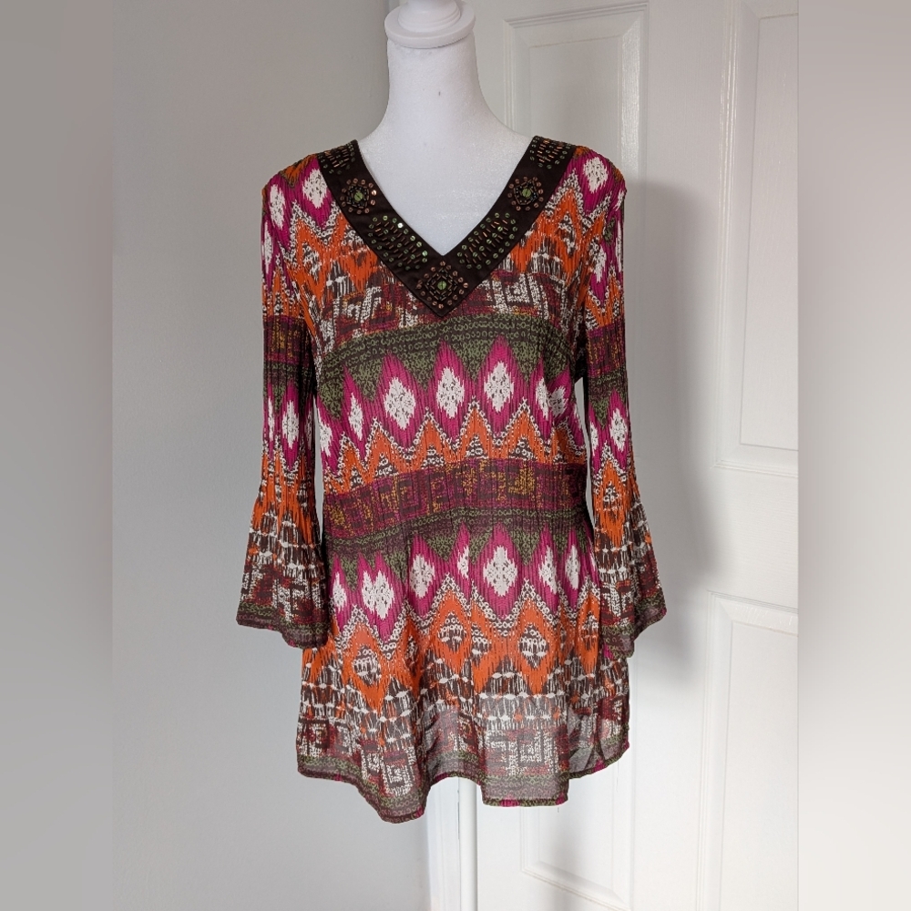 Vintage Dressbarn Boho Sequin Embellished Tunic Top Multicolor Bell Sleeve M